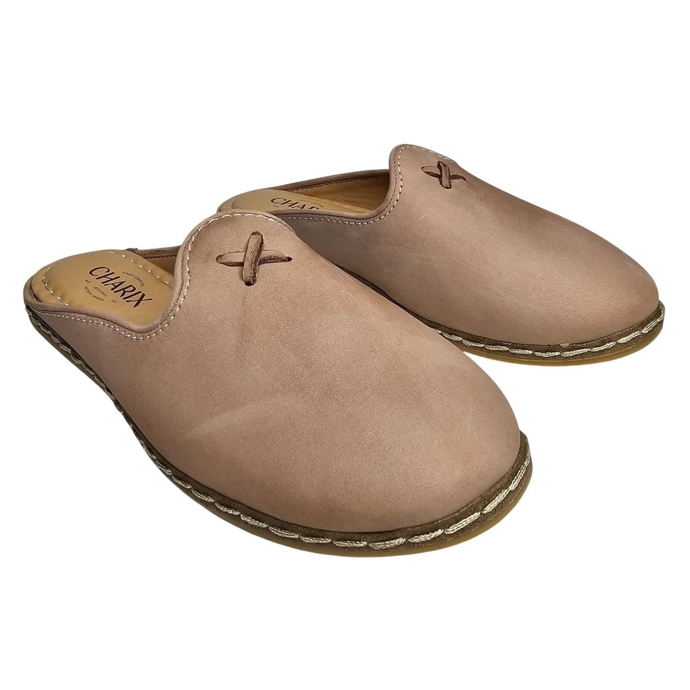 Charix Artisan Women 38 Beige Leather Mule Slip On Flat Shoes